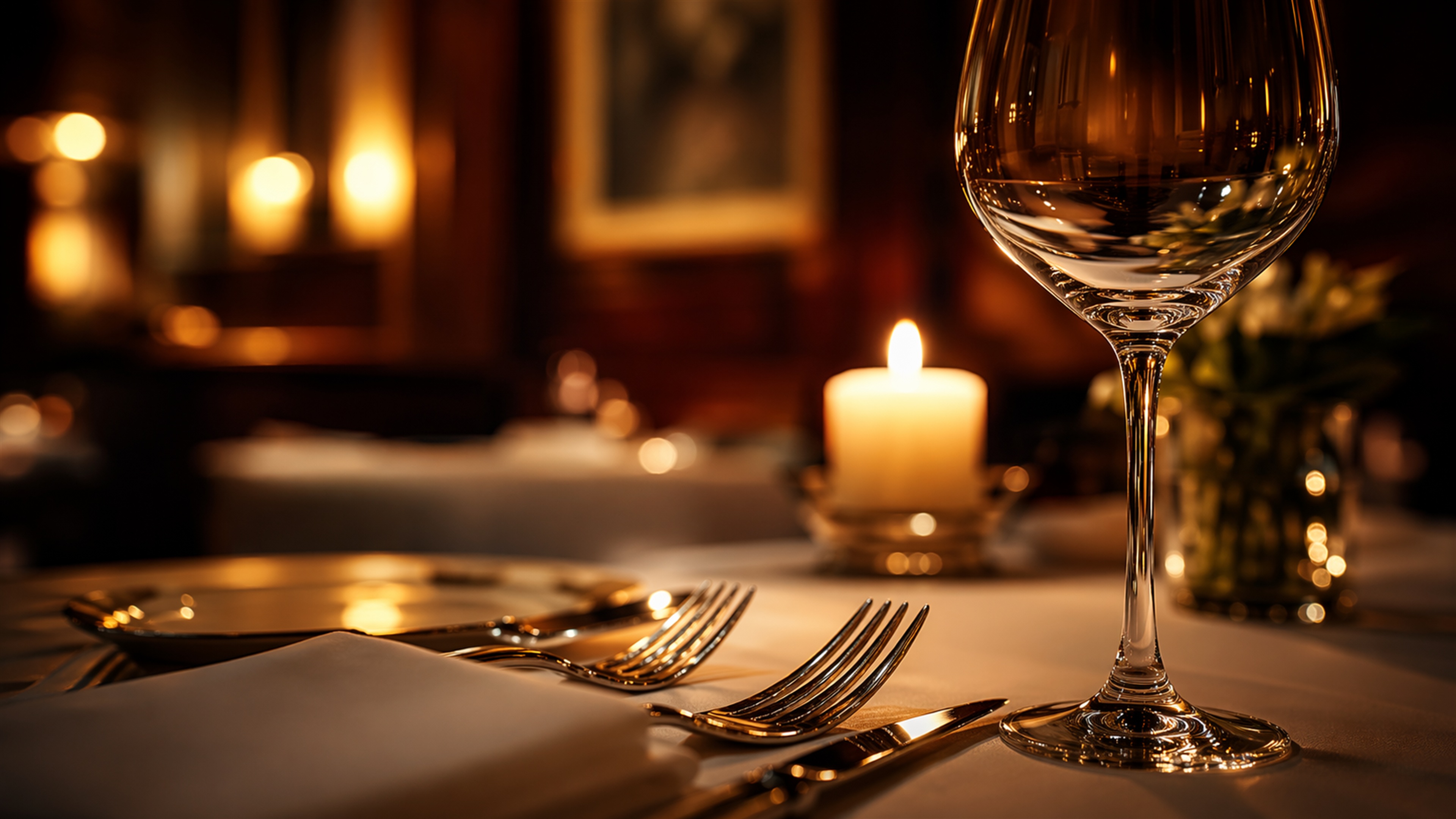 Table set for dinner at Clancy's — crystal, linen, candlelight